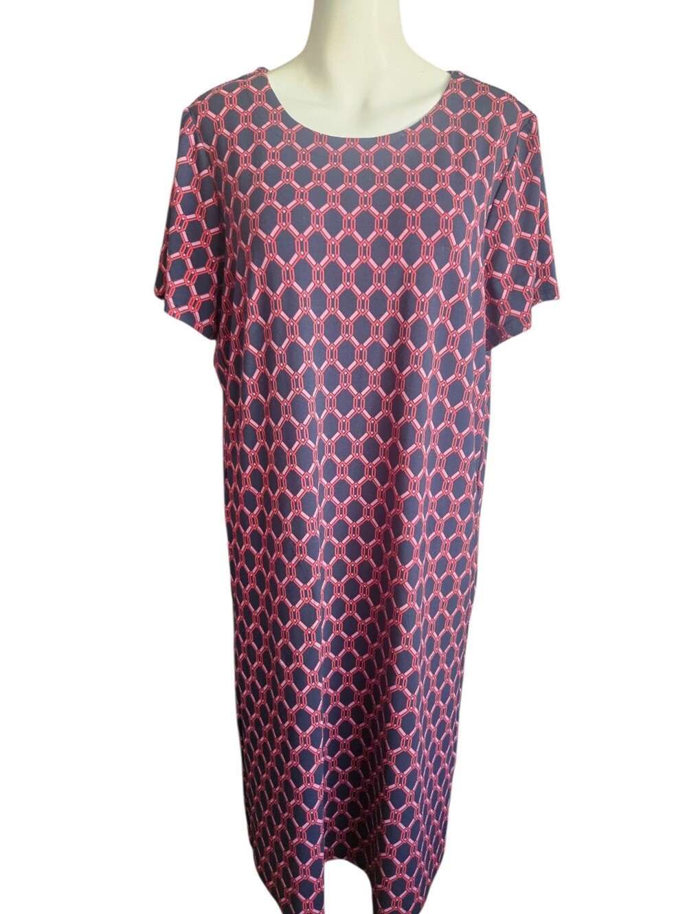 J. Jill Wearever Collection Pink Navy Geometric Print Dress Sz Lg Travel Career